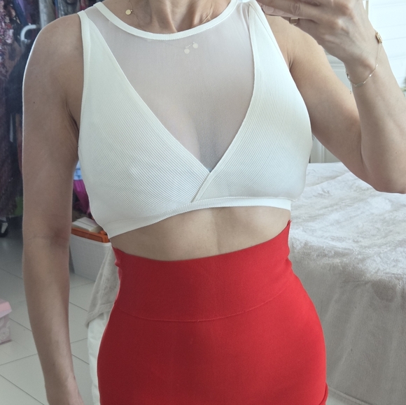White Mesh-Inset Ribbed Crop Top with Deep V - Picture 2 of 4